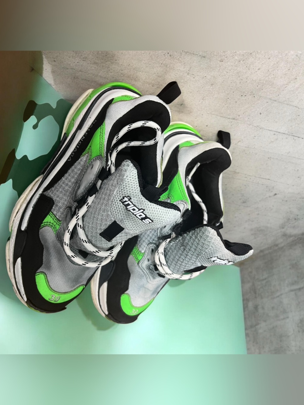Balenciaga Gray, Black and Bright Green Triple S Sneakers